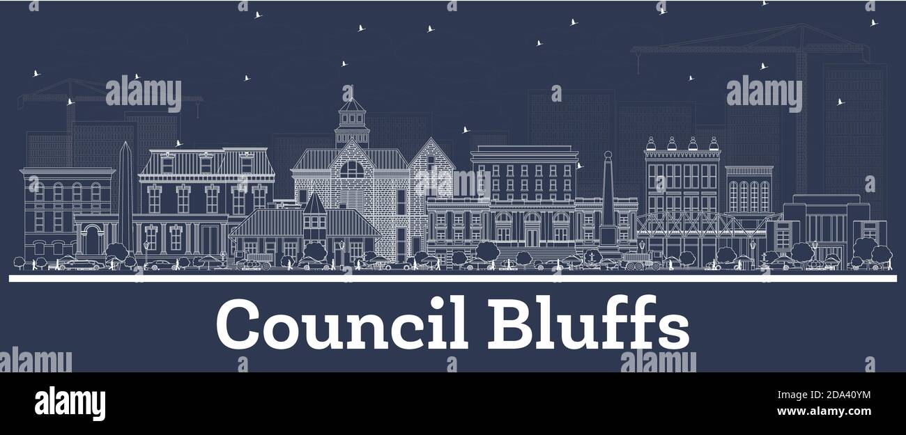 Profilo Council Bluffs Iowa Skyline con edifici bianchi. Illustrazione vettoriale. Concetto di viaggio d'affari e turismo con architettura storica. Consiglio Illustrazione Vettoriale