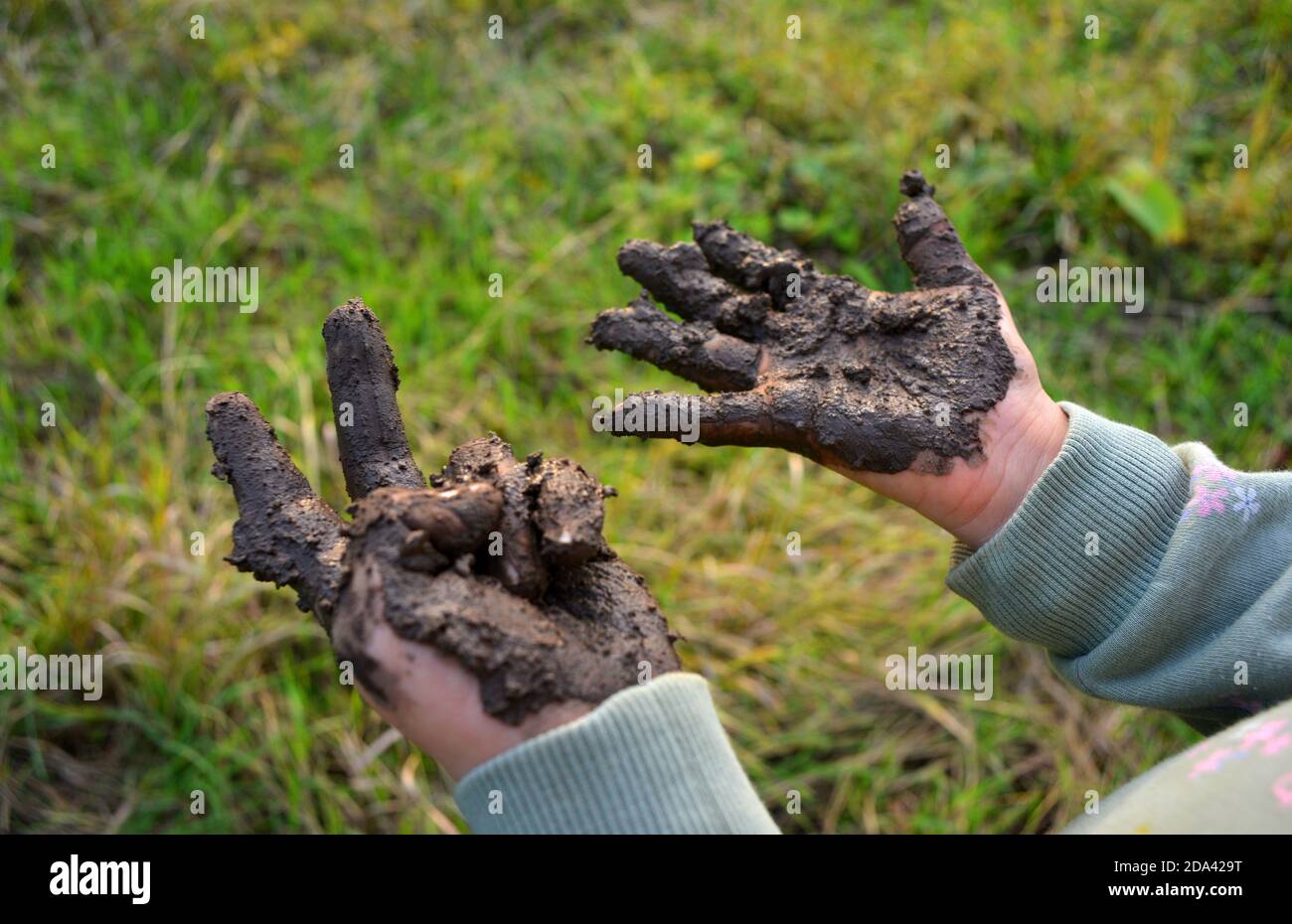 Ragazza che mostra mani fangose all'aperto Foto Stock