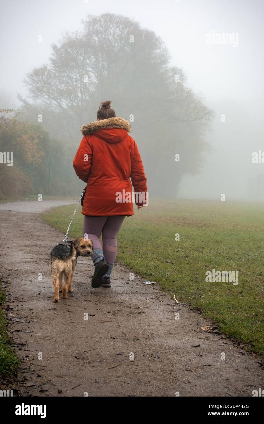 Donna che cammina il suo cane nella nebbia di mattina presto Foto Stock