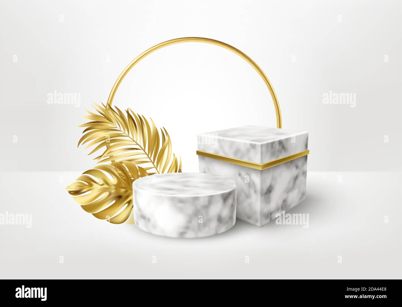 piedistallo in marmo bianco e nero 3d realistico su sfondo bianco con foglie di palma dorate. Spazio vuoto design lusso mockup scena per il prodotto. Vettore Illustrazione Vettoriale