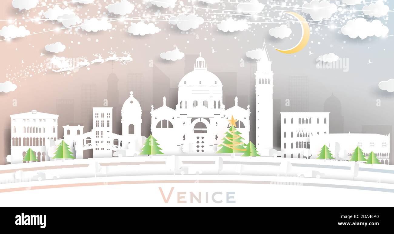 Skyline della città di Venezia in stile Paper Cut con fiocchi di neve, Luna e Neon Garland. Illustrazione vettoriale. Natale e Capodanno. Illustrazione Vettoriale