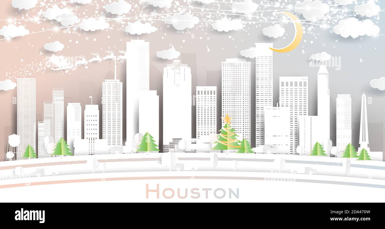 Houston Texas USA City Skyline in stile Paper Cut con fiocchi di neve, Luna e Neon Garland. Illustrazione vettoriale. Natale e Capodanno. Illustrazione Vettoriale