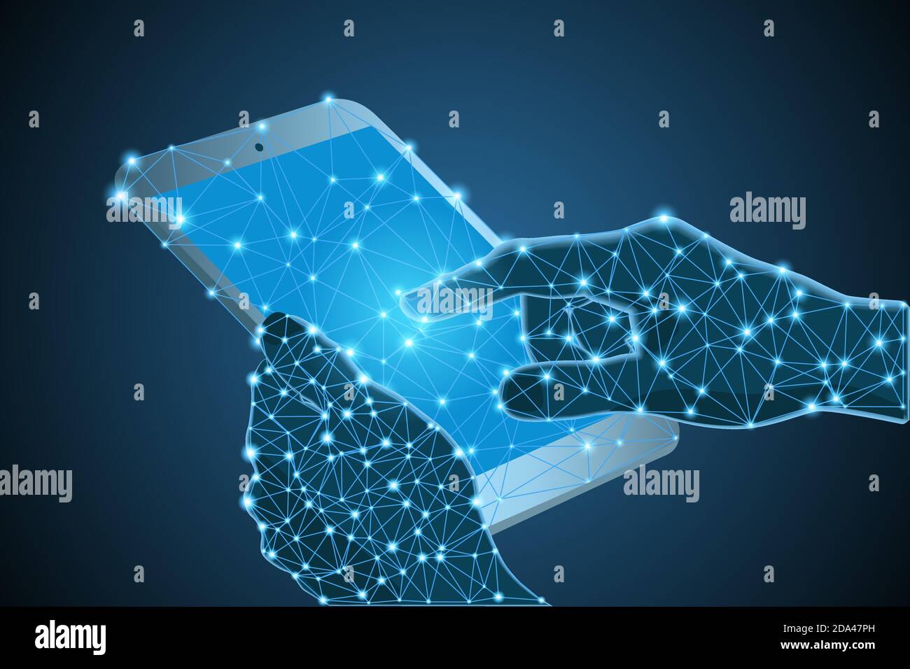 Tablet in mani con struttura a reticolo poly bassa e luci Illustrazione Vettoriale