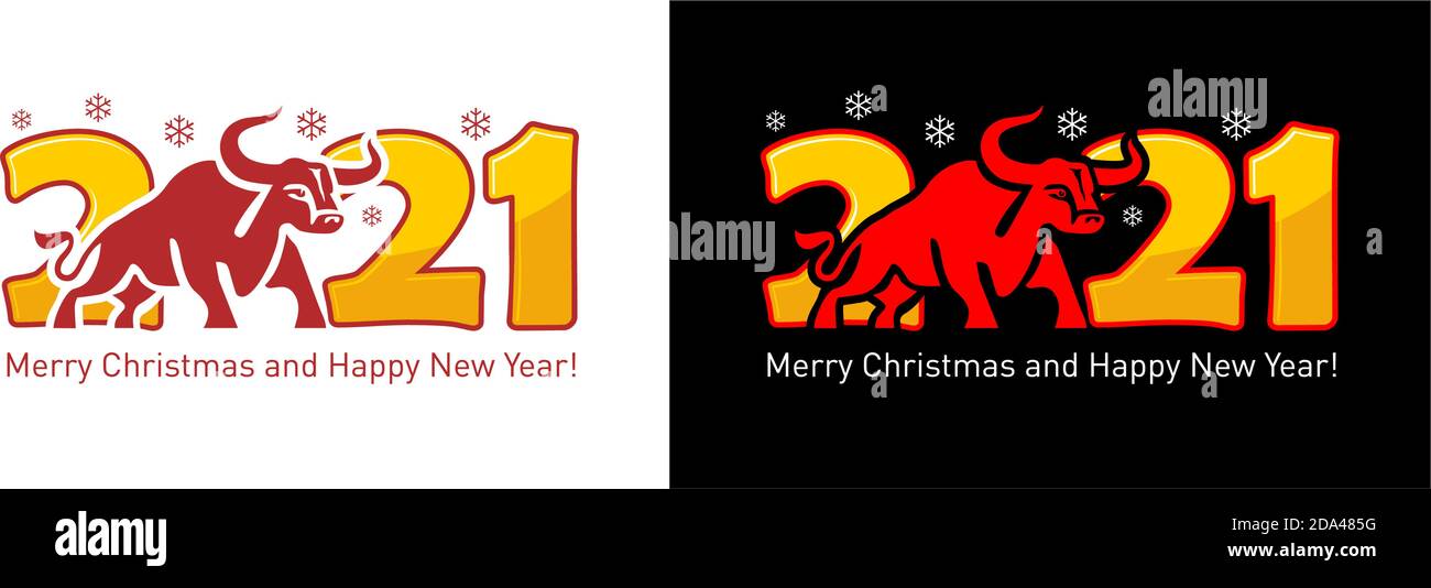 2021 anni Logo design. Cinese nuovo anno di bue. Segno oroscopo di metallo di bue. Simbolo del nuovo anno. Segno Ox vettoriale piatto isolato su dorso trasparente e nero Illustrazione Vettoriale