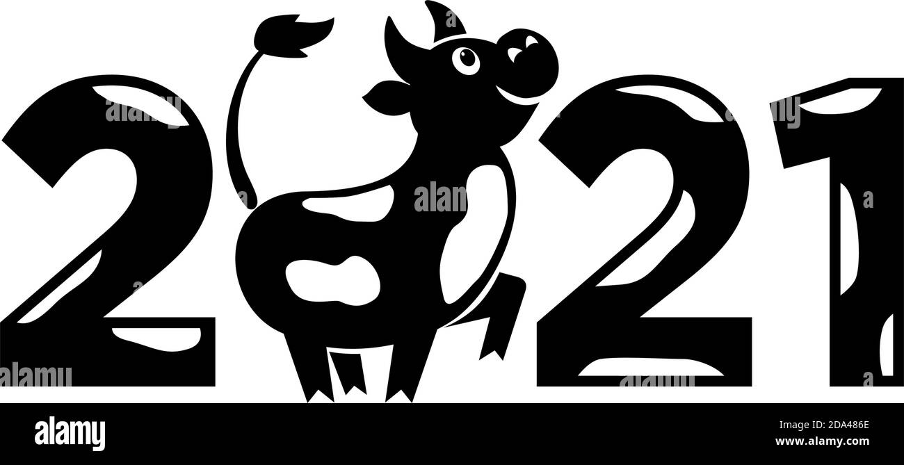 2021 anni Logo design. Cinese nuovo anno di bue. Segno oroscopo di metallo di bue. Nuovo anno divertente simbolo. Segno Ox vettoriale piatto isolato su sfondo trasparente Illustrazione Vettoriale