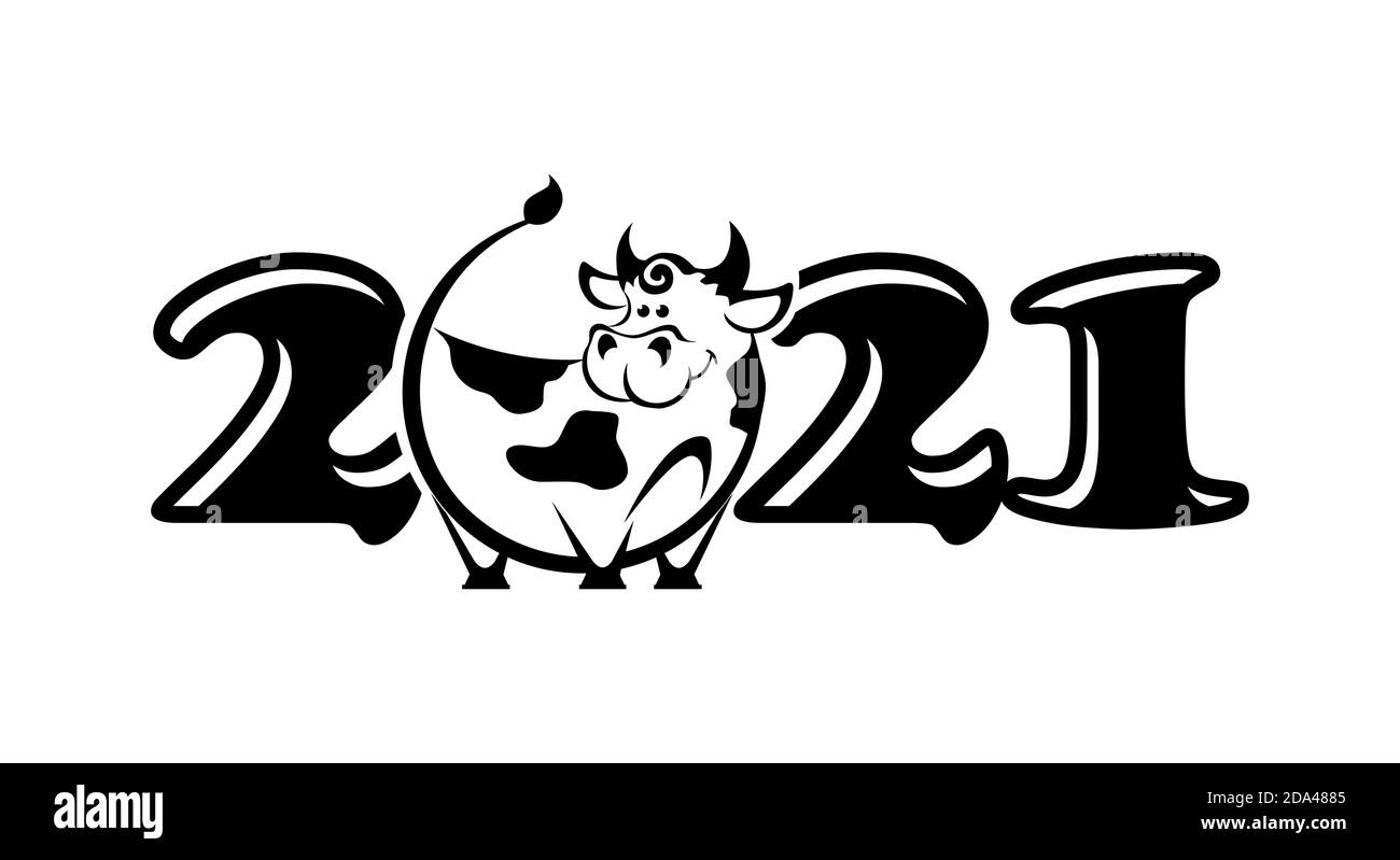 2021 anni Logo design. Cinese nuovo anno di bue. Segno oroscopo di metallo di bue. Nuovo anno divertente simbolo. Segno Ox vettoriale piatto isolato su sfondo trasparente Illustrazione Vettoriale