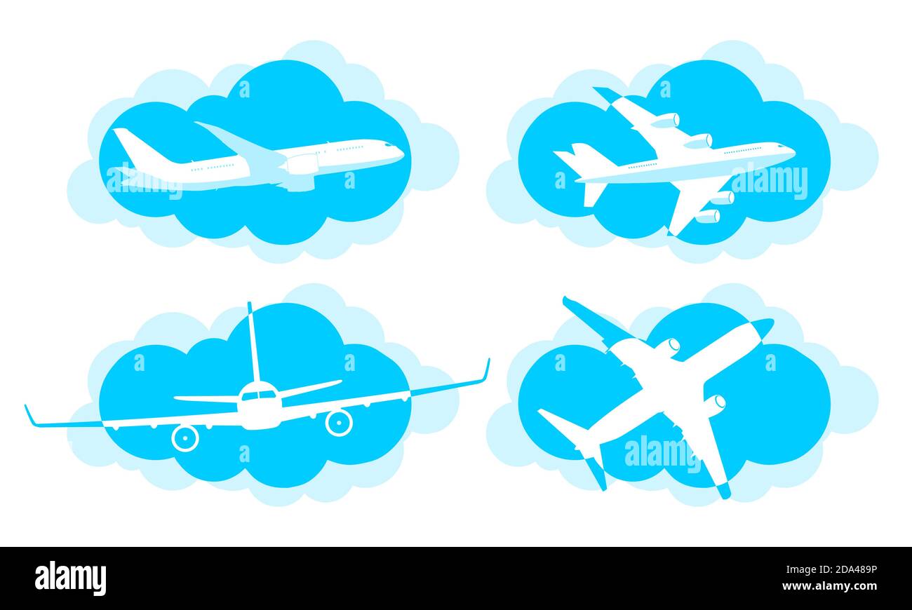 Aereo di linea o aereo commerciale per passeggeri su sfondo di nuvole blu. Icona stile piatto. Illustrazione, vettore Illustrazione Vettoriale