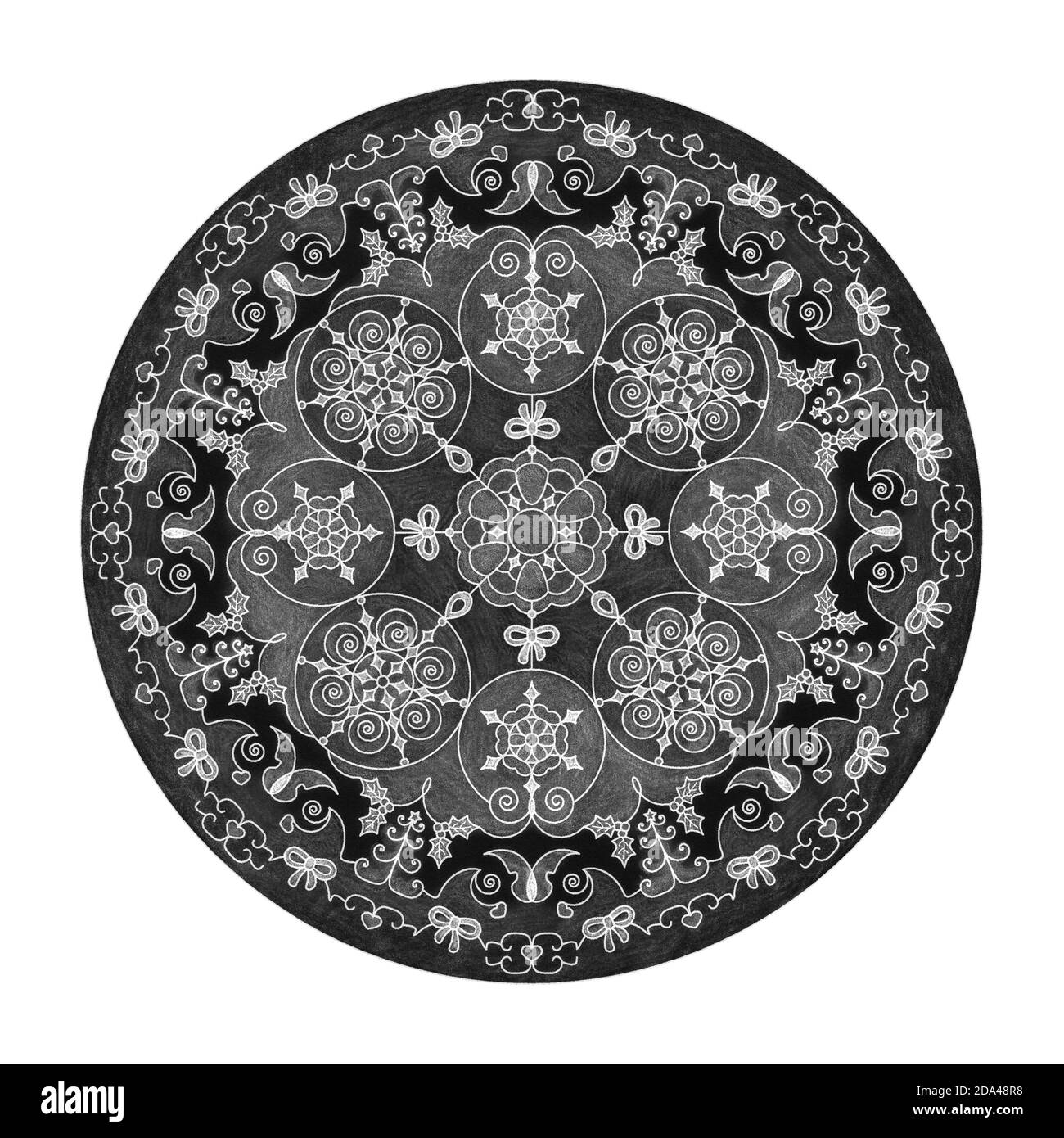 Effetti a matita colorata. Illustrazione Mandala in nero, bianco e grigio. Palla di Natale, farfalla, cuore e albero di Natale. Foto Stock