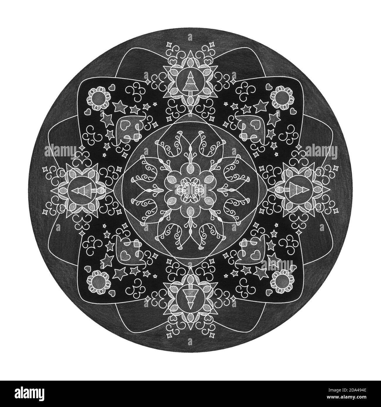 Effetti a matita colorata. Tema di Natale. Illustrazione Mandala in nero, bianco e grigio. Albero di Natale, stella e cuore. Foto Stock