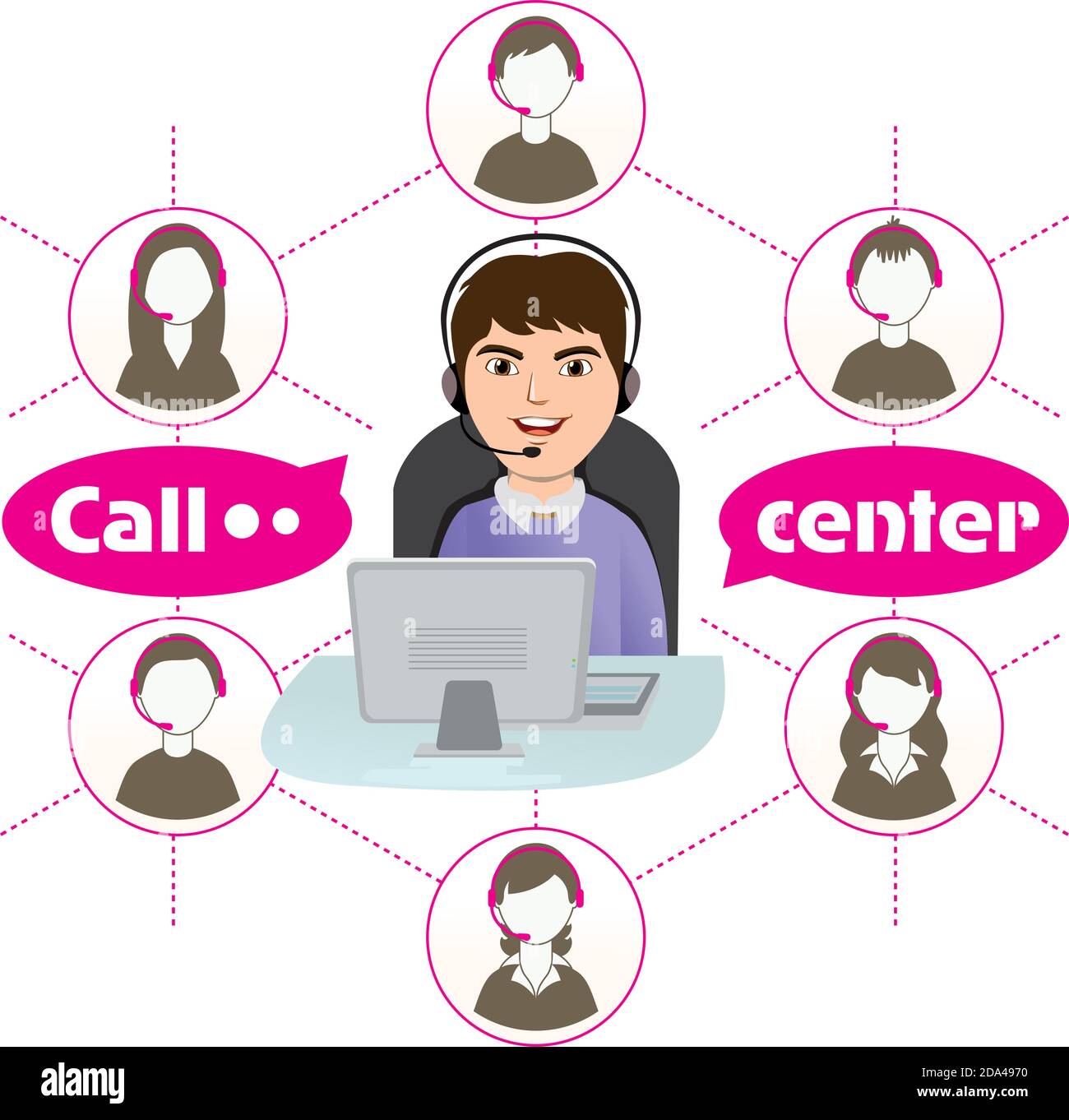 Operatore con una cuffia che lavora nel call center. Connessione Internet di rete. Illustrazione Vettoriale