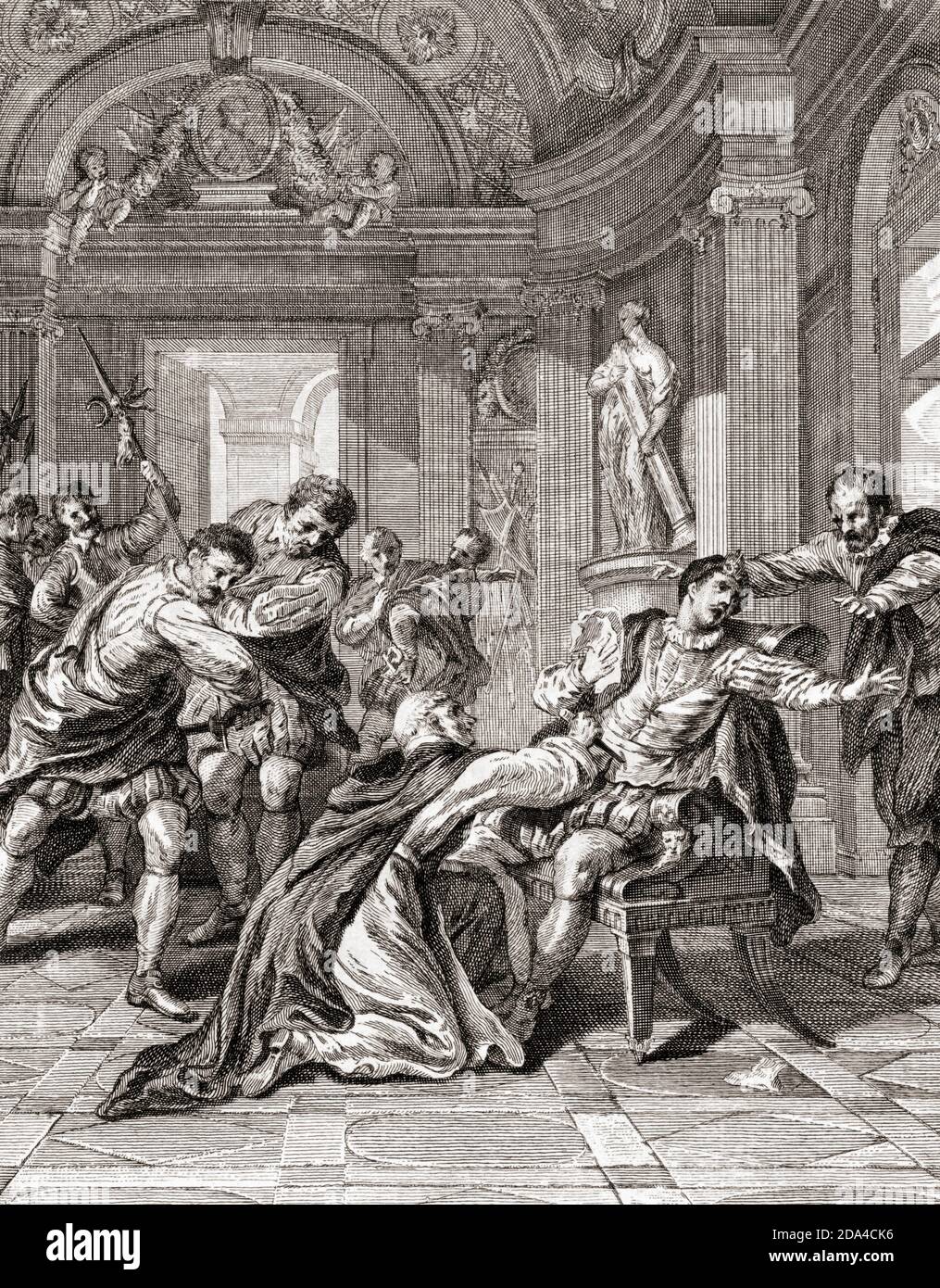 Assassinio del re Enrico III di Francia nell'agosto 1589 da Jacques Clemente. Henri III, re di Francia, 1551 - 1589. Dopo un'illustrazione del 18 ° secolo da Jean-Francois de Troy. Foto Stock