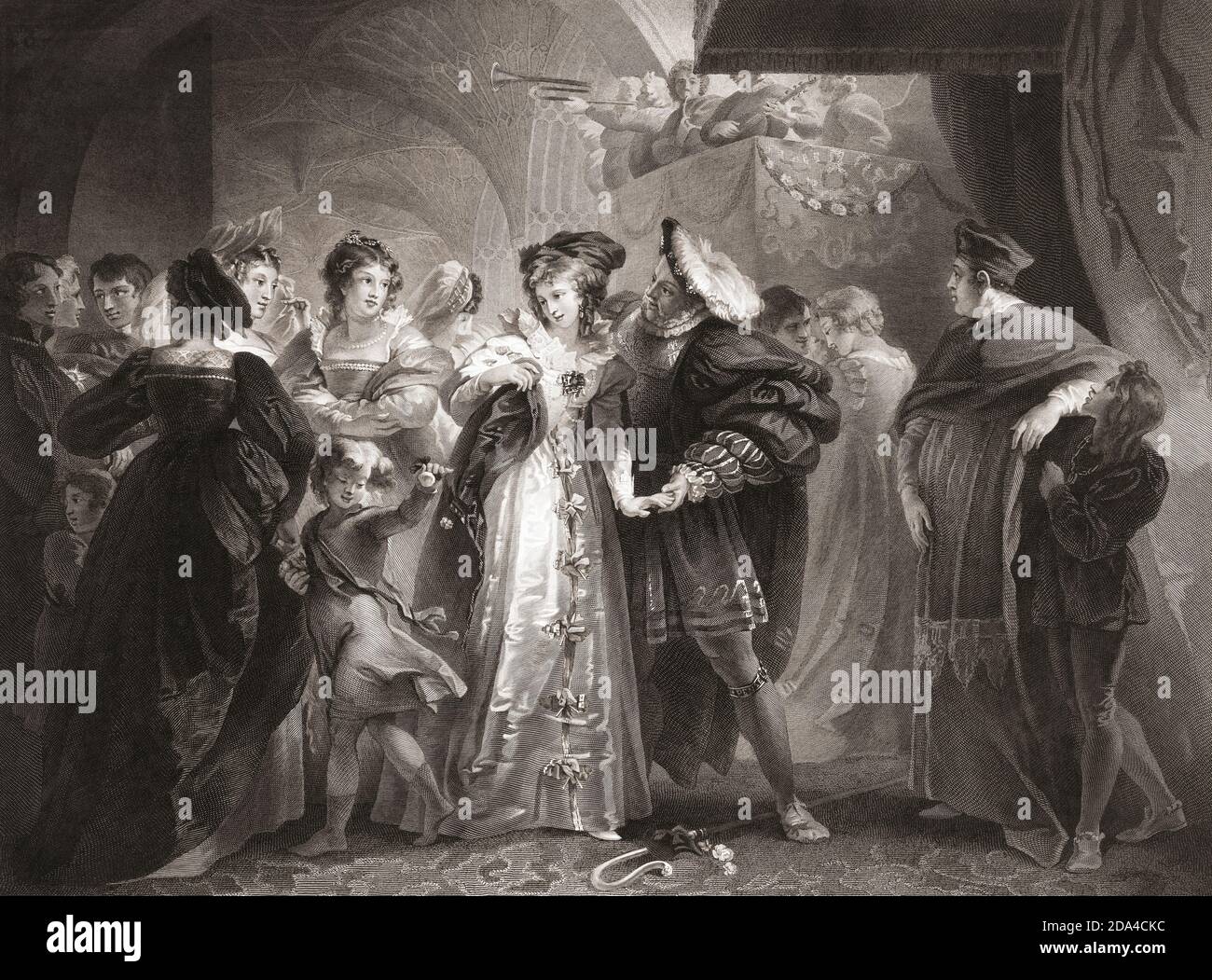 Il re Enrico VIII d'Inghilterra incontra Anna Boleyn. Dopo un'incisione di Isaac Taylor da un dipinto di Thomas Stothard che illustra l'opera di Shakespeare Re Enrico VIII, atto i, scena IV Foto Stock
