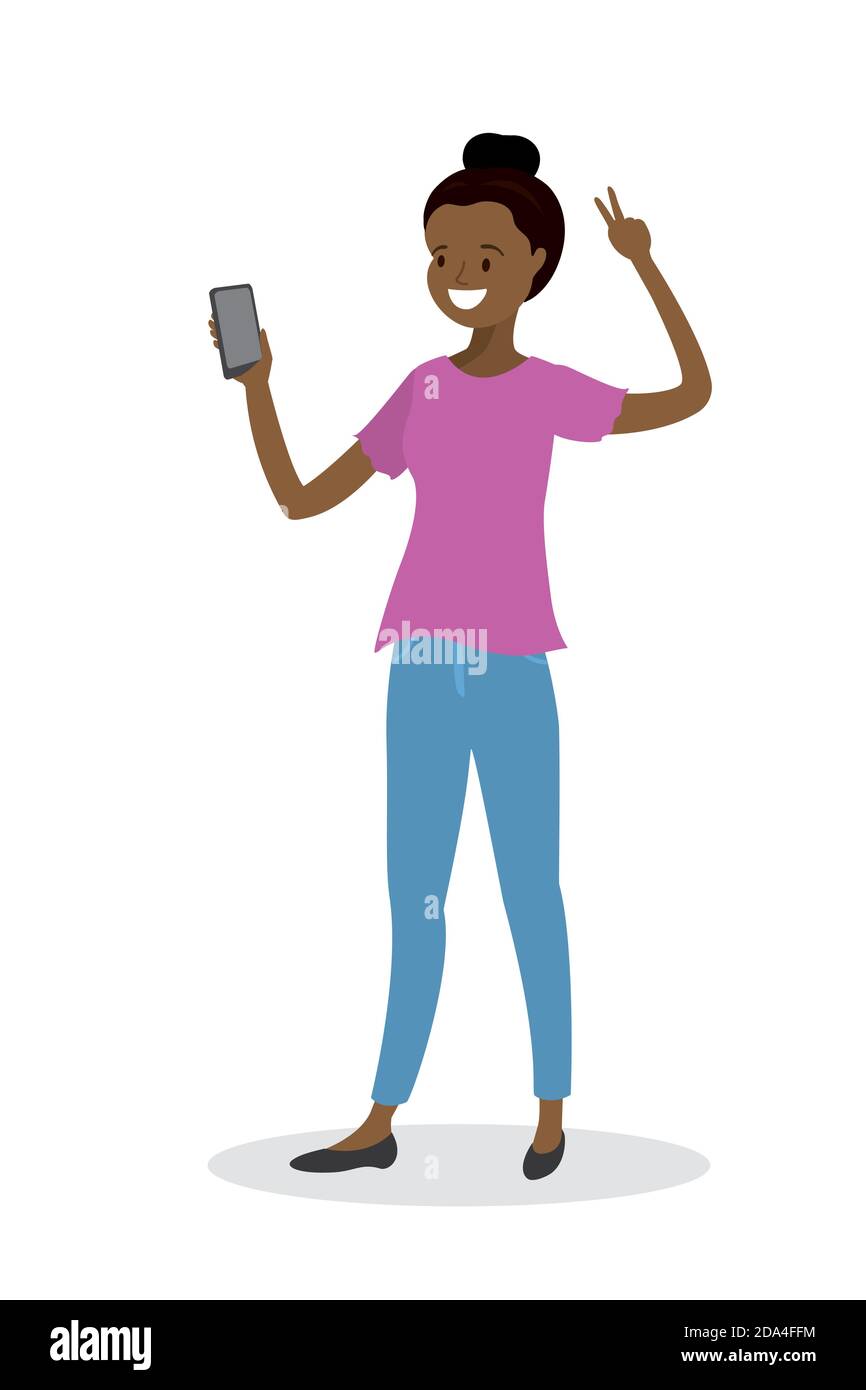 Bella giovane donna afroamericana fa selfie Illustrazione Vettoriale