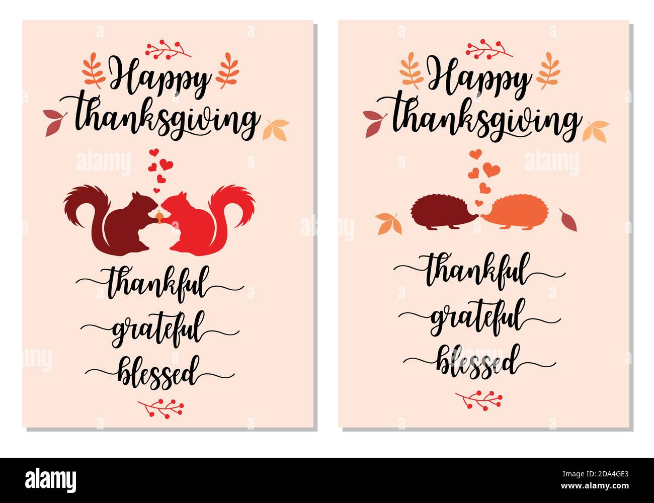 Insieme di carte di ringraziamento con scoiattoli e ricci carini, foglie d'autunno che cadono, illustrazione vettoriale Illustrazione Vettoriale