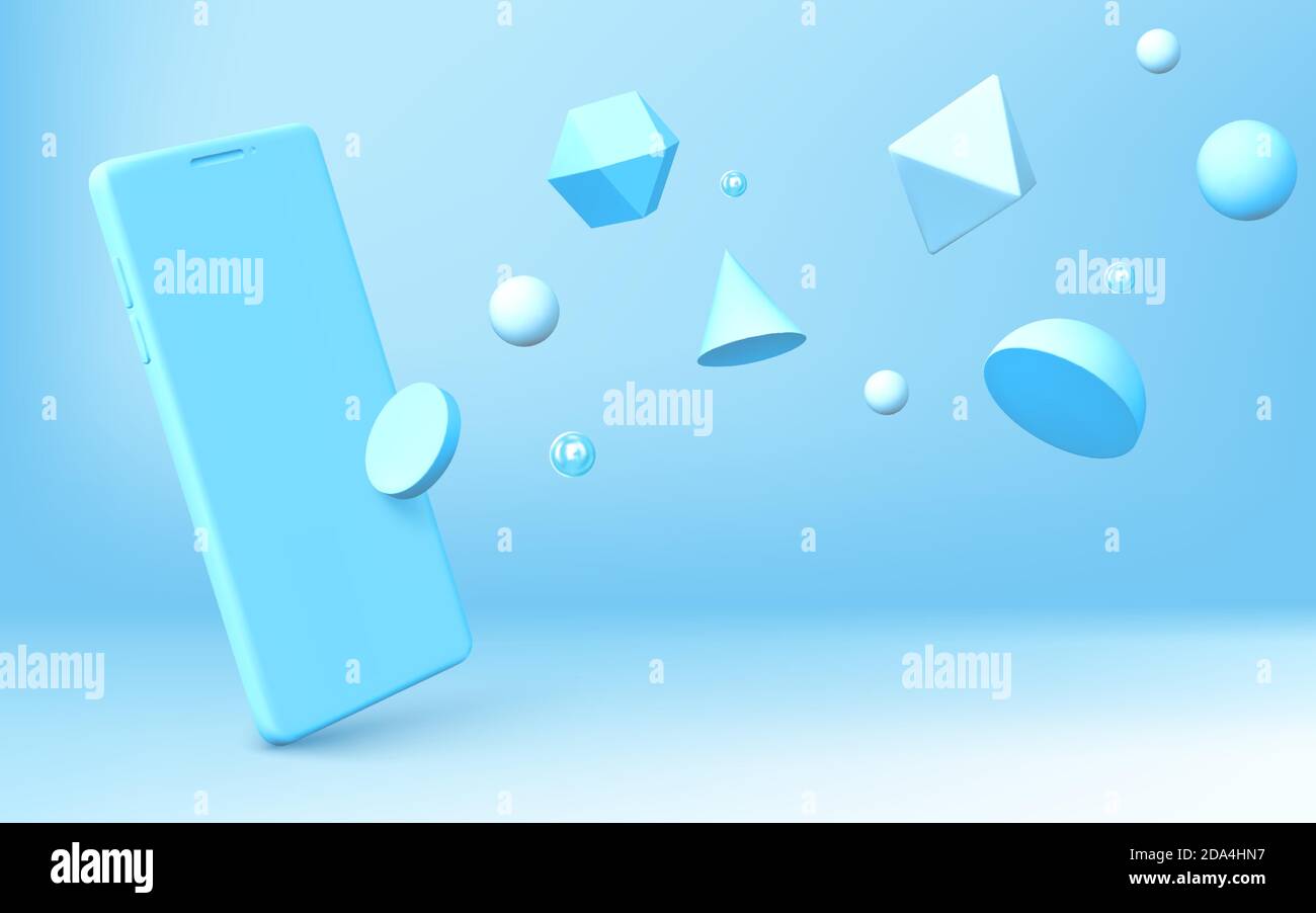 Sfondo astratto con un mockup realistico per smartphone e forme geometriche 3d che si diffondono su sfondo blu. Emisfero, ottaedro, sfera, cono, cilindro e icosaedro con rendering vettoriale per telefoni cellulari Illustrazione Vettoriale