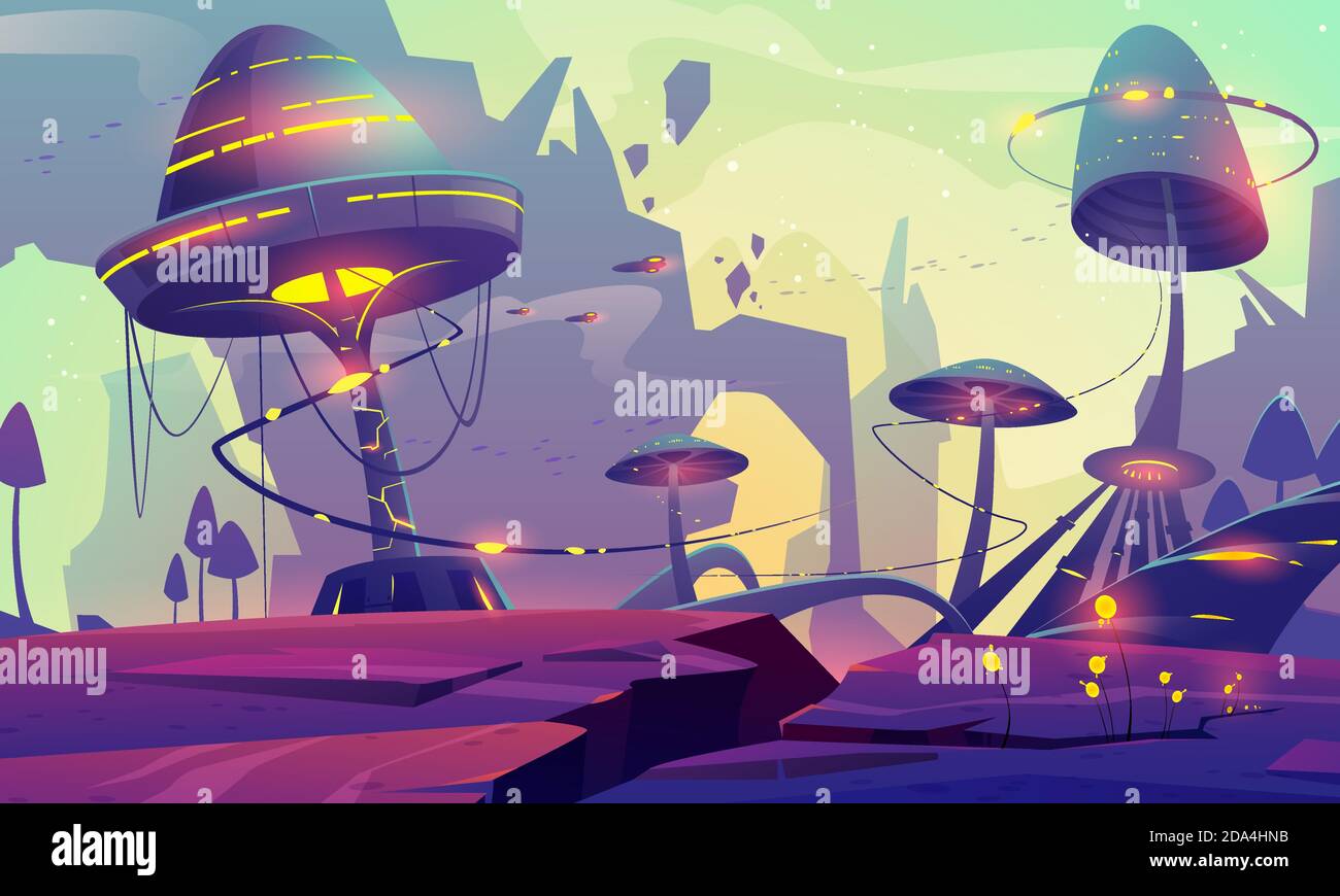 Pianeta alieno paesaggio con funghi fantasia alberi o edifici e rocce. Natura magica inusuale per il gioco del computer, sfondo fiaba con belle piante strane, illustrazione vettoriale Cartoon Illustrazione Vettoriale