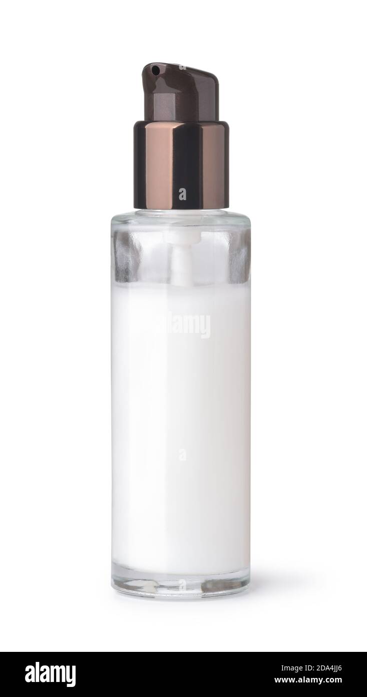 Vista frontale del flacone di pompa cosmetica in vetro bianco isolato bianco Foto Stock