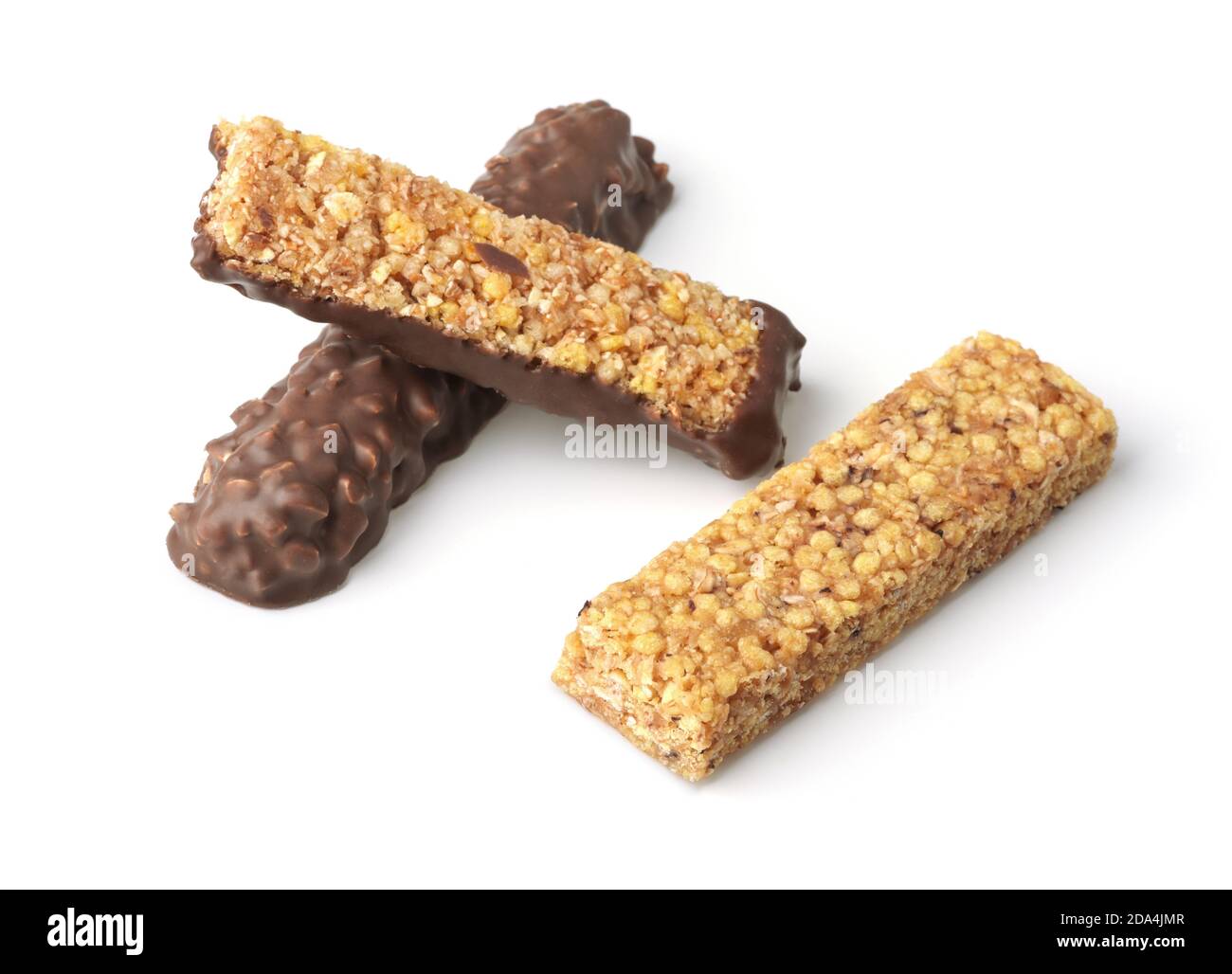 Tre diverse barrette di cereali isolate su bianco Foto Stock