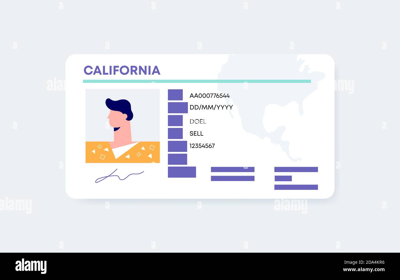 Modello scheda ID USA. Carta d'identità americana con pass sicuro informazioni personali di carattere con foto. Illustrazione Vettoriale