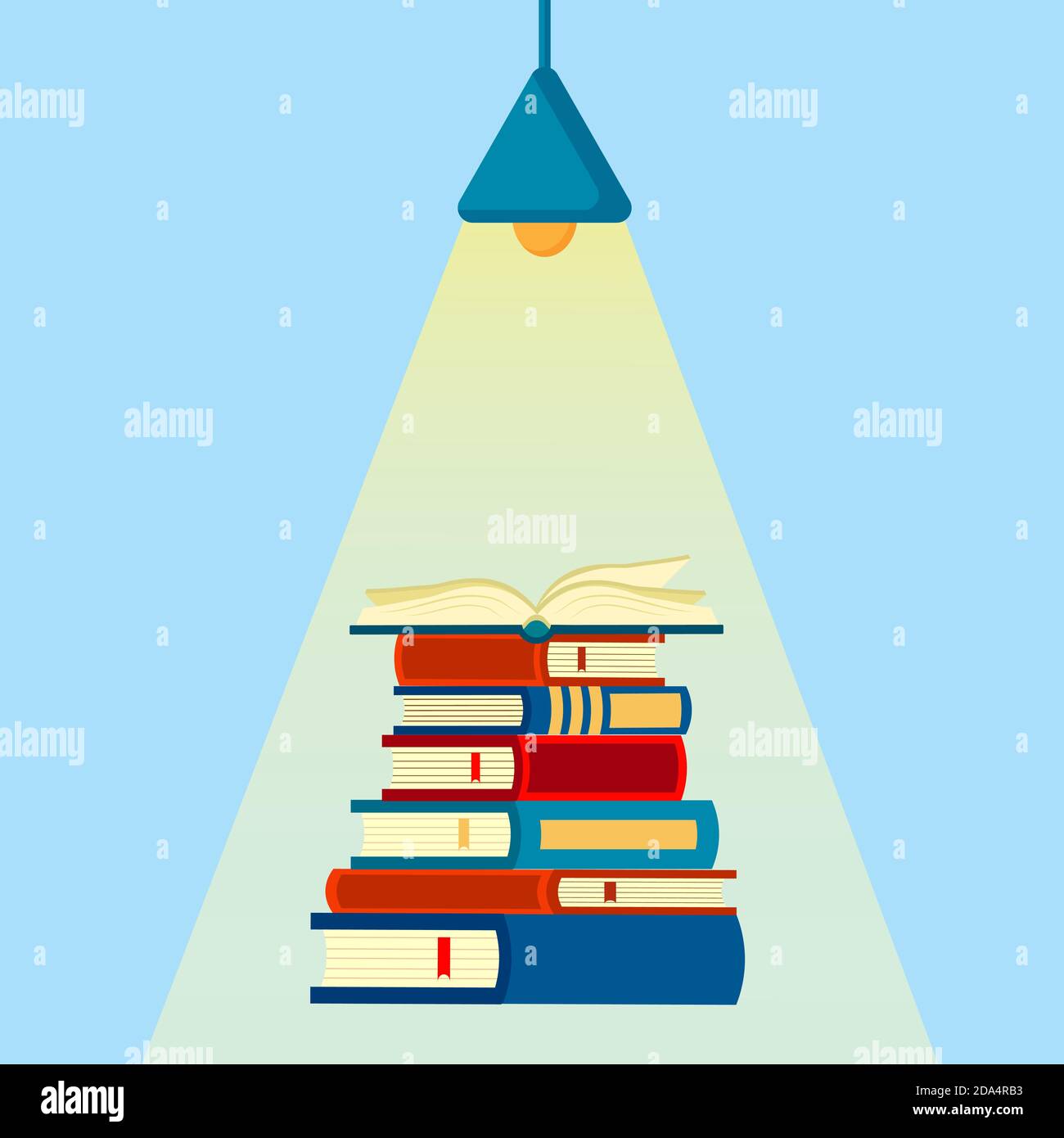 Pila di libro, aprire libro sotto la luce dalla lampada, isolato su sfondo bianco. Conoscenza, educazione, studio del concetto. Immagine piatta vettoriale Illustrazione Vettoriale