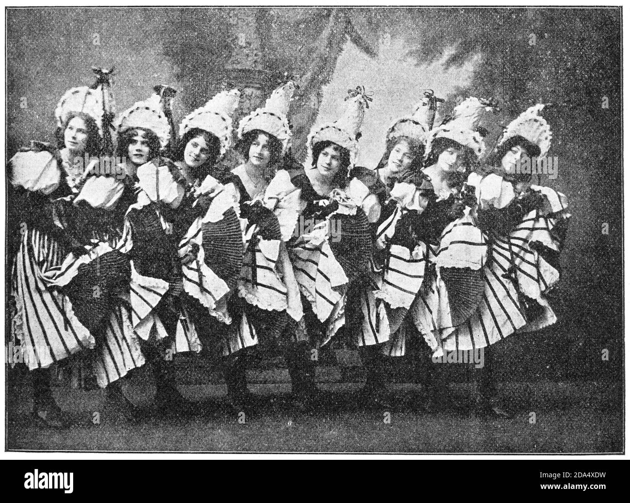La popolare troupe da ballo - Tiller Girls, 1899, Londra. Illustrazione del 19 ° secolo. Sfondo bianco. Foto Stock
