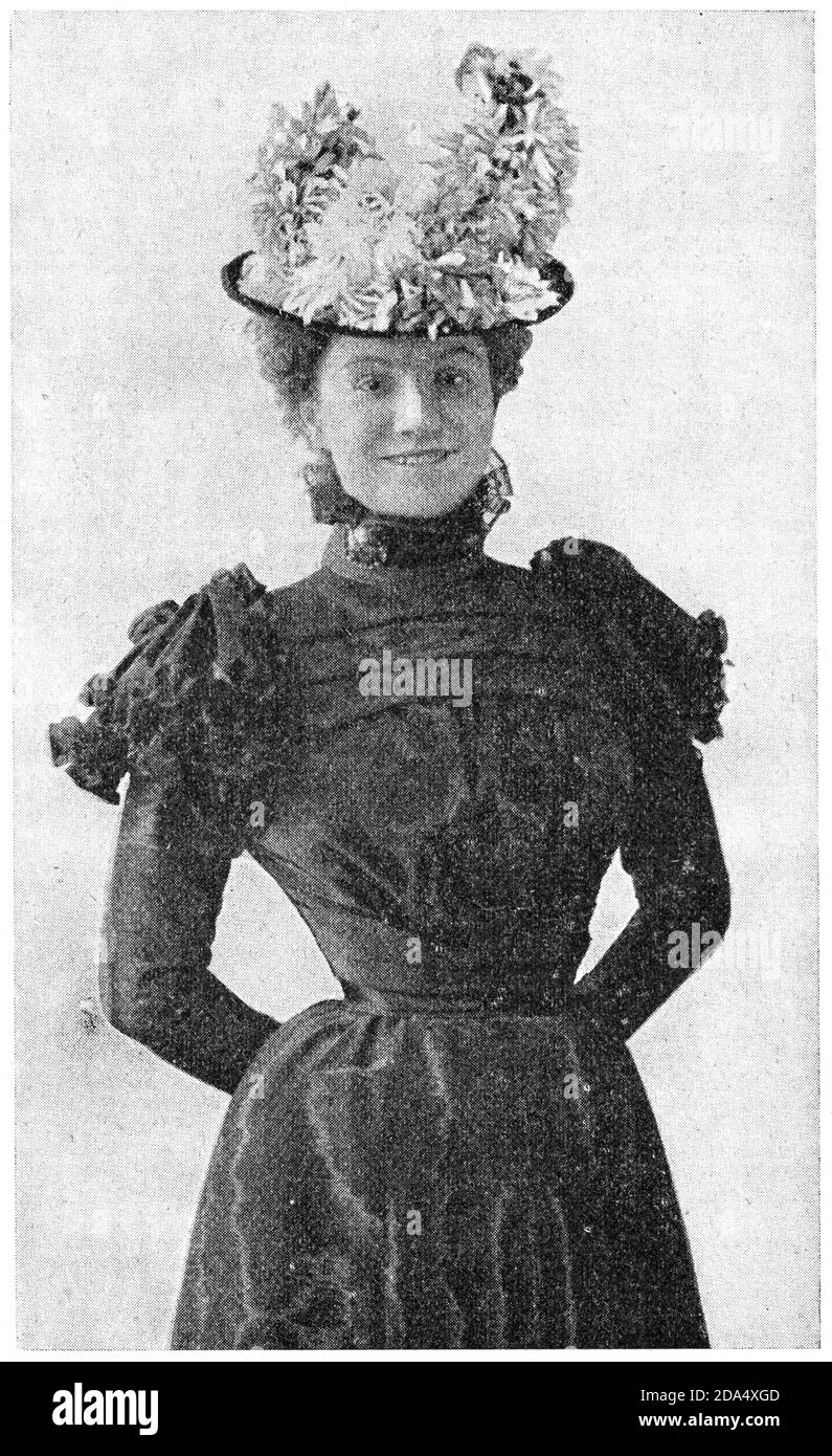 Ritratto di Yvette Guilbert - cantante e attrice di cabaret francese. Illustrazione del 19 ° secolo. Sfondo bianco. Foto Stock