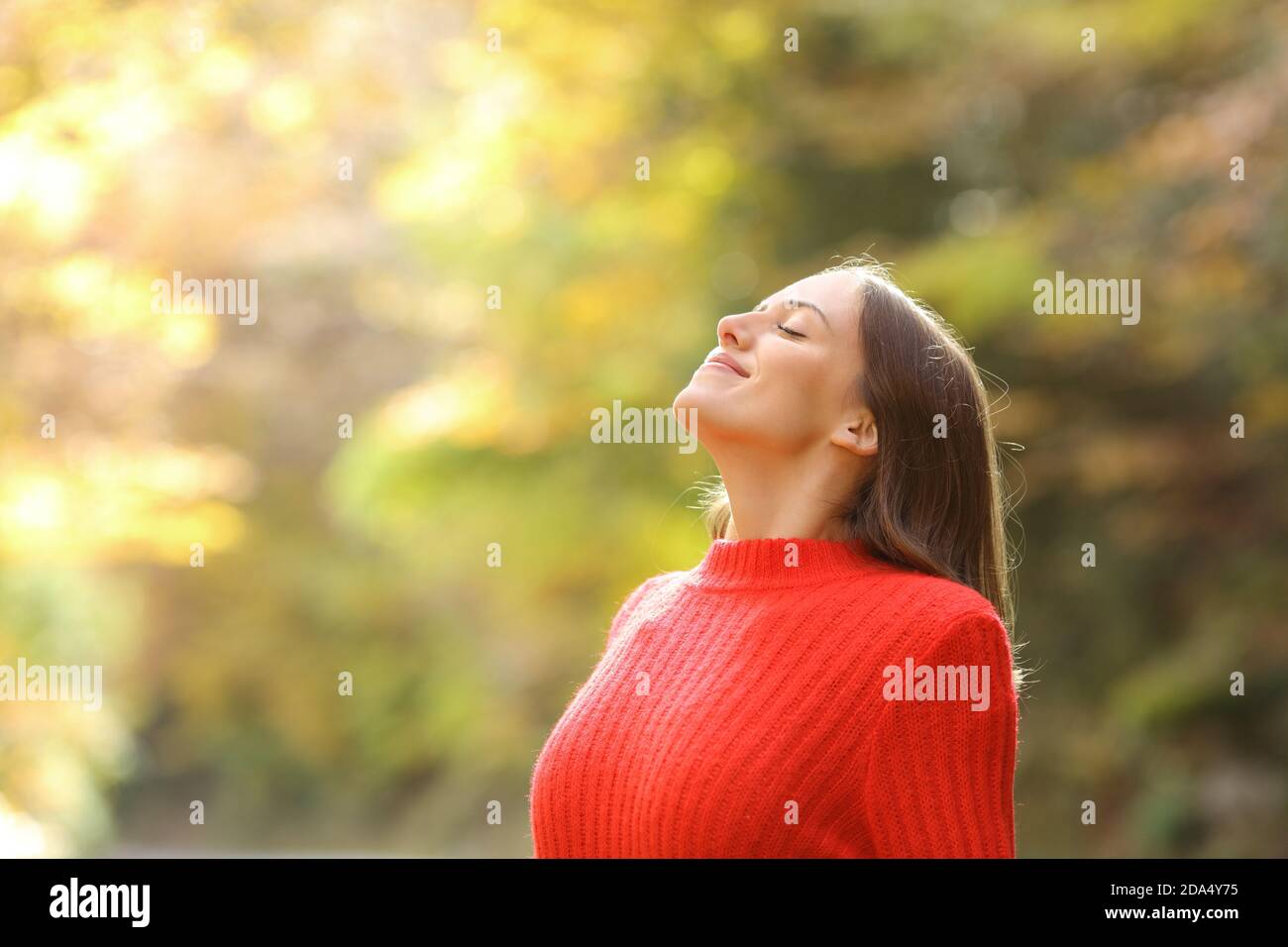 Donna soddisfatta in rosso che respira aria fresca in autunno in una bella foresta o parco Foto Stock