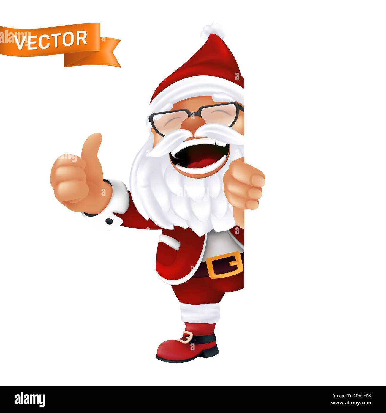 Divertente cartone animato Babbo Natale in un cappello rosso e occhiali.  Ridendo e sorridente personaggio natalizio in costume tradizionale che si  sbirca dall'angolo o da un cartello Immagine e Vettoriale - Alamy
