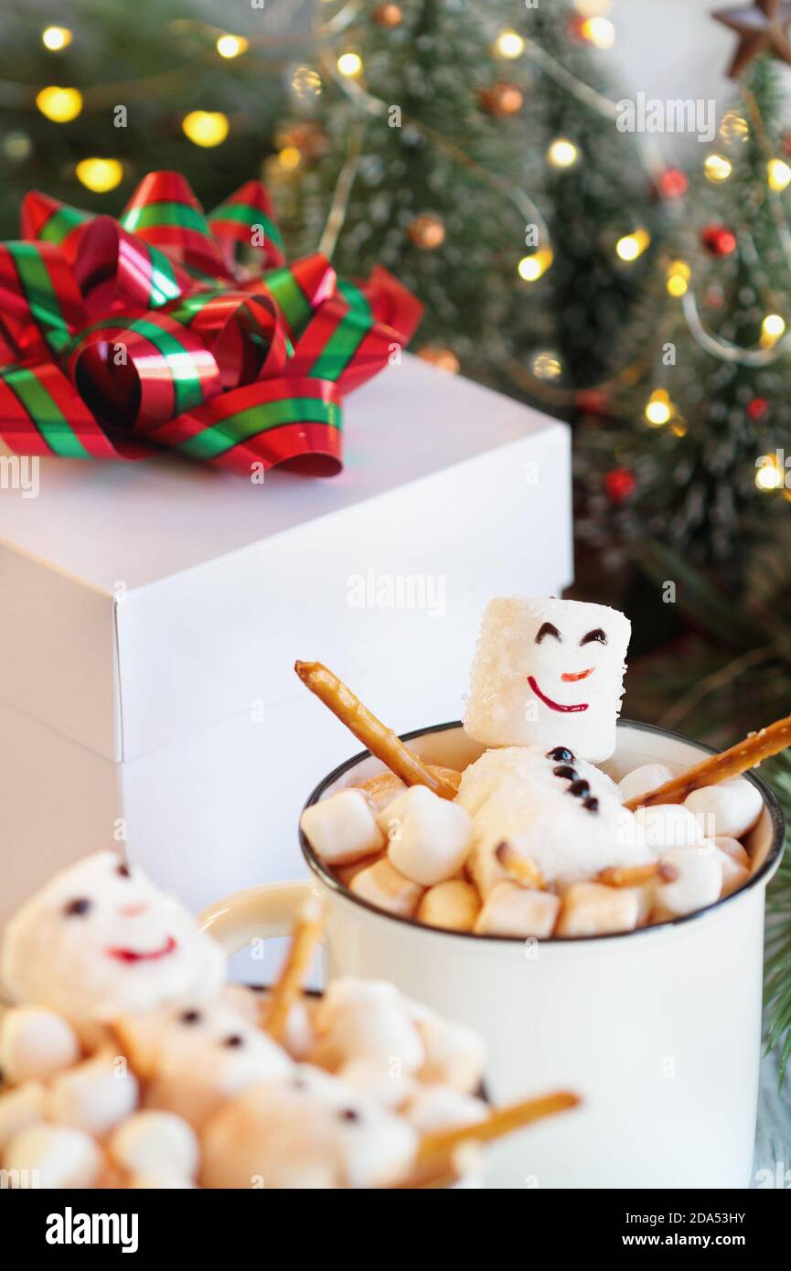 Due pupazzi di neve in una tazza calda di cacao circondata da mini marshmallows. Messa a fuoco estremamente selettiva con primo piano e sfondo sfocati. Natale t Foto Stock