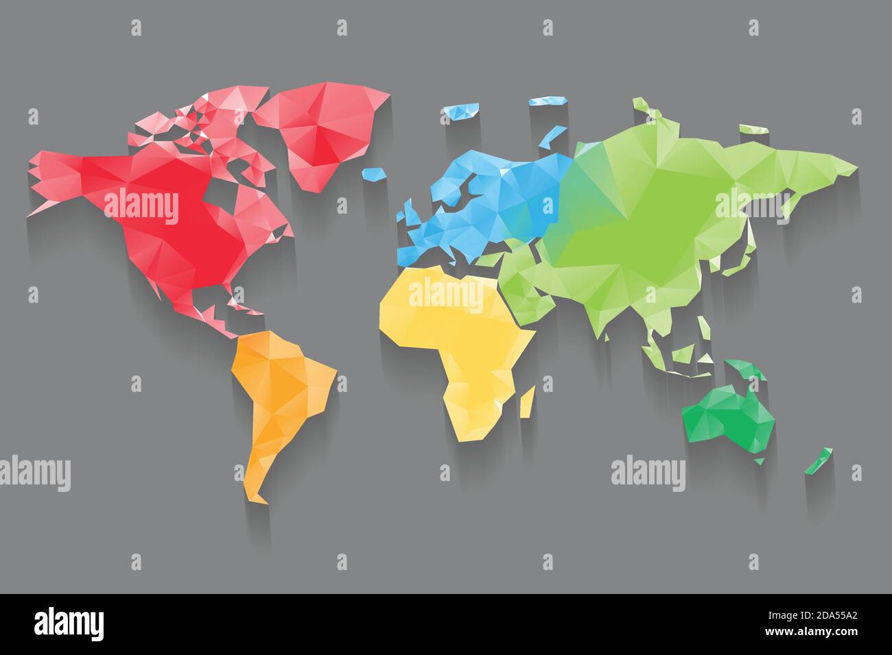 Mappa poly bassa del mondo divisa in sei continenti per colore. Disegno vettoriale poligonale con ombra interrotta. Illustrazione Vettoriale