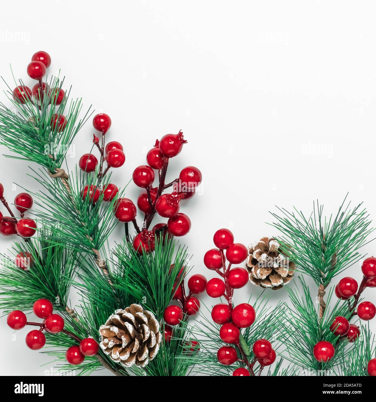 Decorazione invernale con rami di pino e bacche di agrifoglio rosso,  biglietto omaggio di benvenuto con disegno natalizio. Spazio di copia per  il testo. Modello del nuovo anno, bianco Foto stock -
