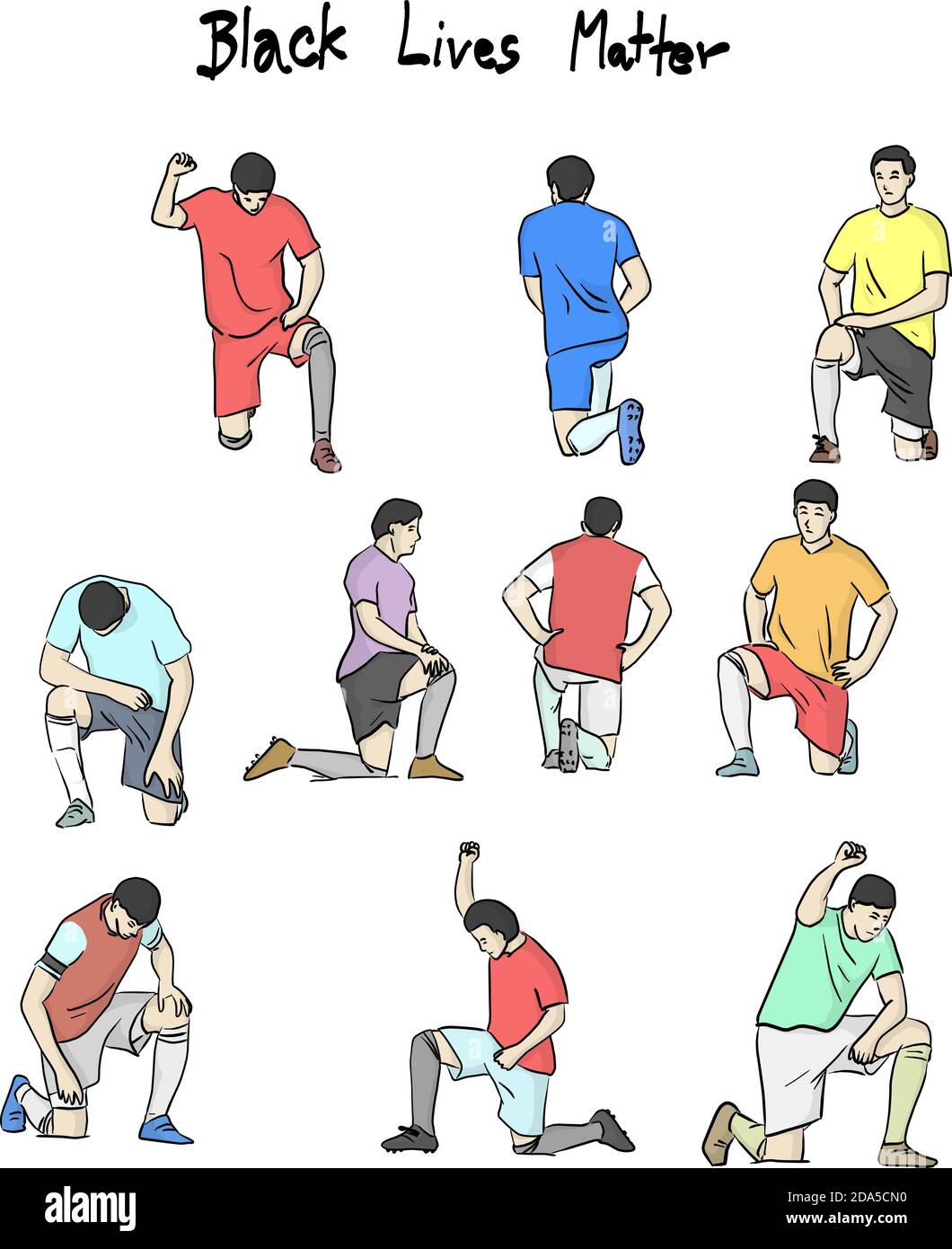 set di calciatore che prende una protesta al ginocchio contro il razzismo E la brutalità della polizia per Black Lives materia di azione illustrazione vettore sketch doodle mano dr Illustrazione Vettoriale
