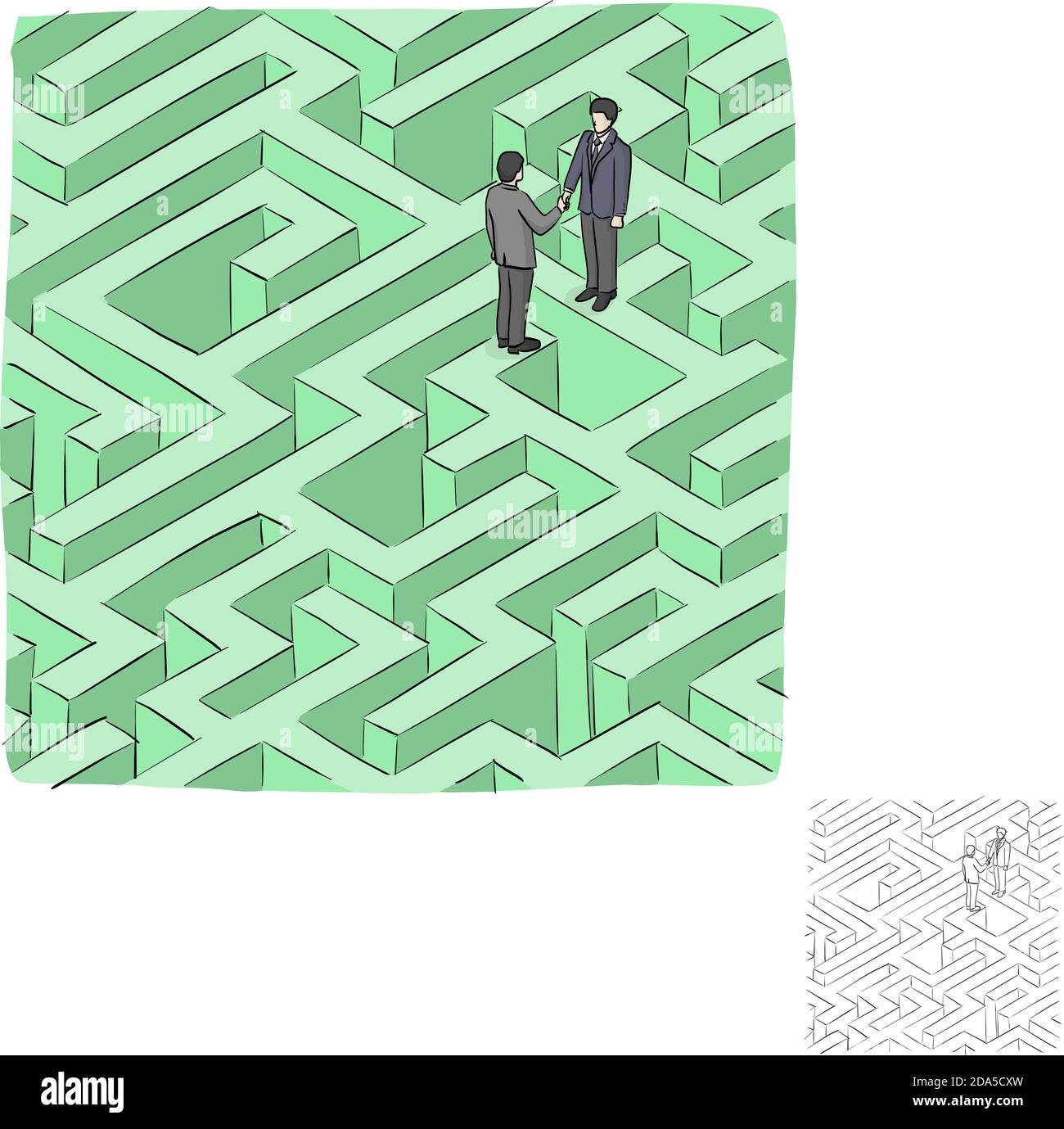 uomo d'affari in piedi con handshaking sul vettore labirinto verde illustrazione schizzo doodle mano disegnata con linee nere isolate su retro bianco Illustrazione Vettoriale
