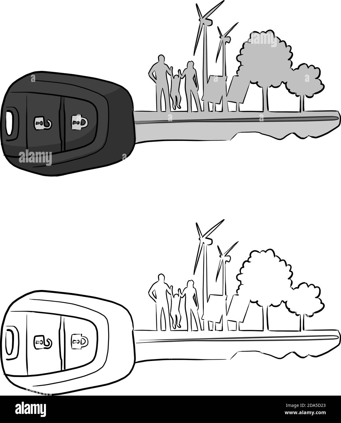 chiave auto con silhouette di famiglia turbina eolica a celle solari e alberi illustrazione vettoriale schizzo doodle mano disegnata con nero linee isolate su bianco ba Illustrazione Vettoriale
