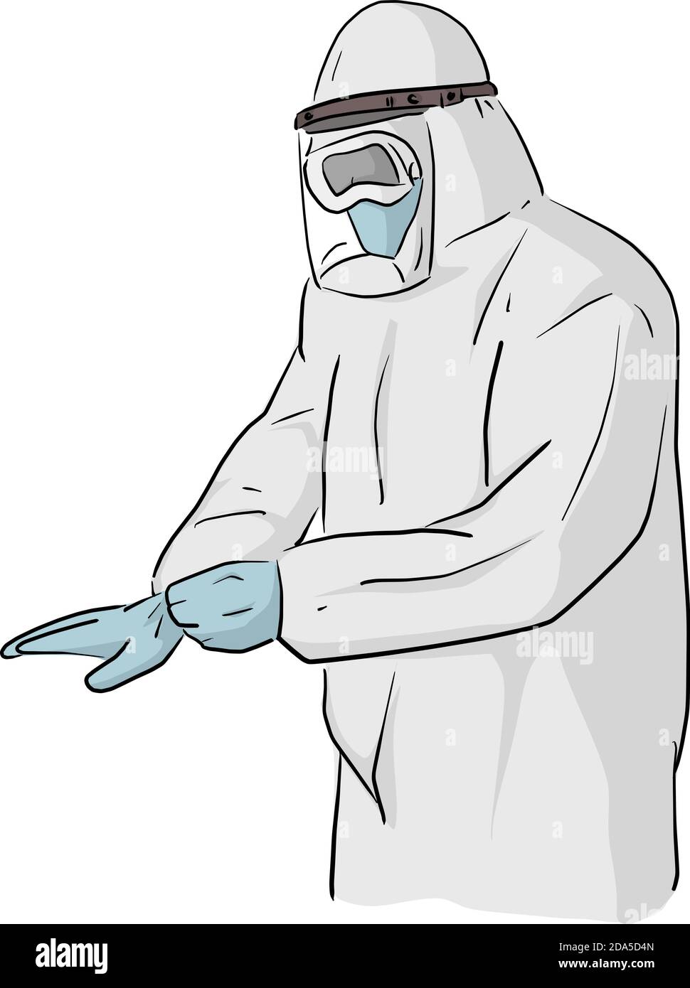 Uomo in tuta protettiva per tutto il corpo che previene il virus COVID-19 illustrazione vettoriale schizzo doodle mano disegnata isolata su sfondo bianco Illustrazione Vettoriale