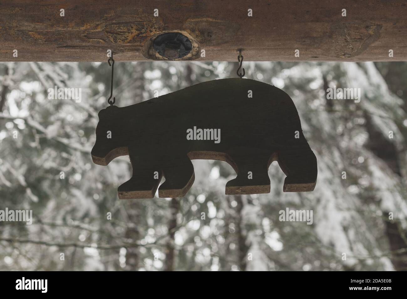 Legno orso segno Hanging esterno con una neve, scena invernale in background Foto Stock