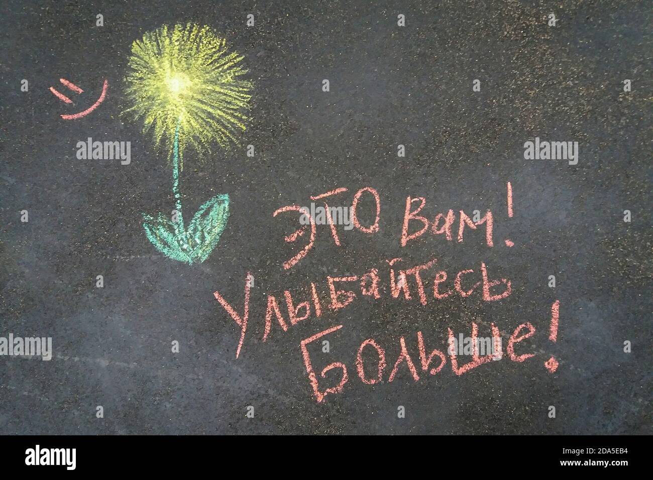 Gesso trainato fiore su asfalto, smiley e iscrizione in russo 'questo è per voi! Smile More!', Mosca 08/05/2020 Foto Stock