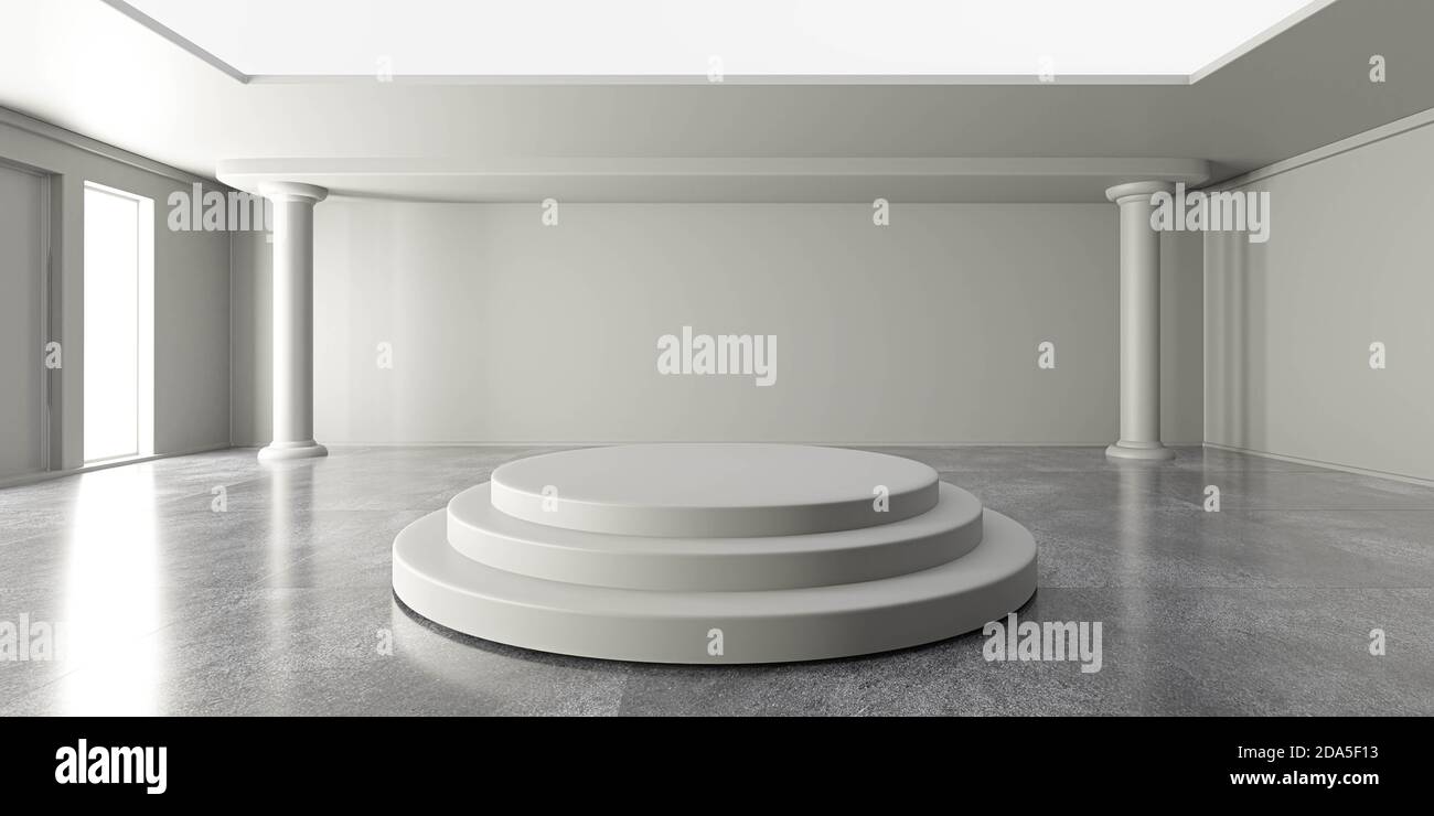 stand dal design futuristico moderno con piedistallo vuoto con un'illustrazione di rendering 3d luminosa Foto Stock