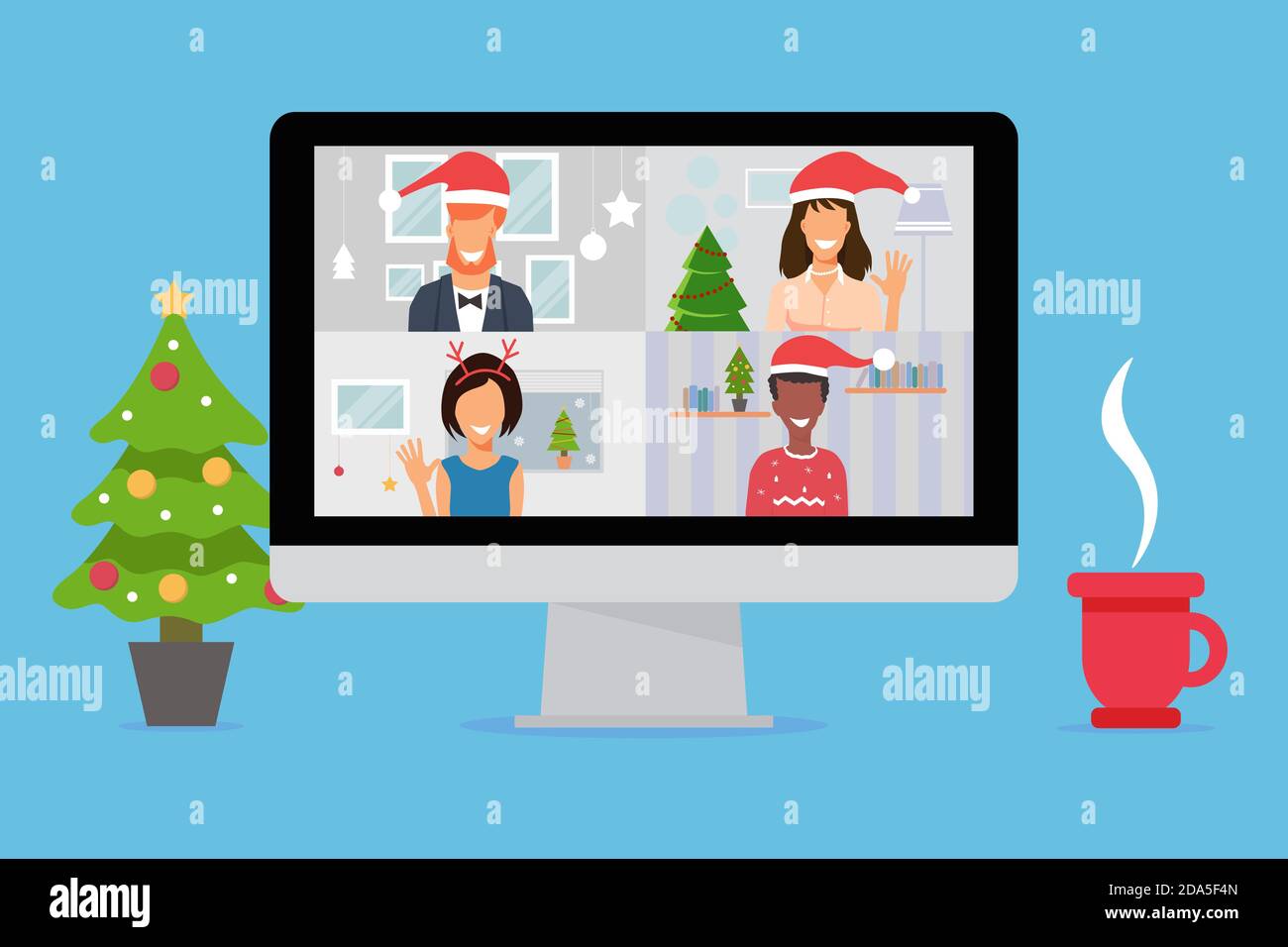 Le persone che festeggiano il nuovo anno in videoconferenza chiamano sul computer. Nuovo concetto normale e covid-19. Illustrazione vettoriale a disegno piatto Illustrazione Vettoriale