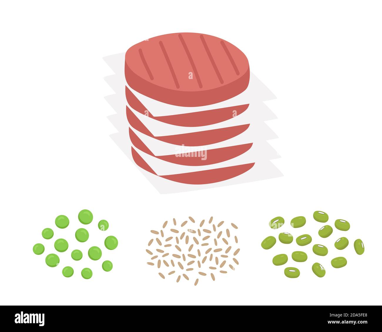 Polpettine di hamburger a base di piante con i loro ingredienti, fagioli mung, riso marrone e piselli. Concetto di carne vegana. Immagine piatta vettoriale. Illustrazione Vettoriale