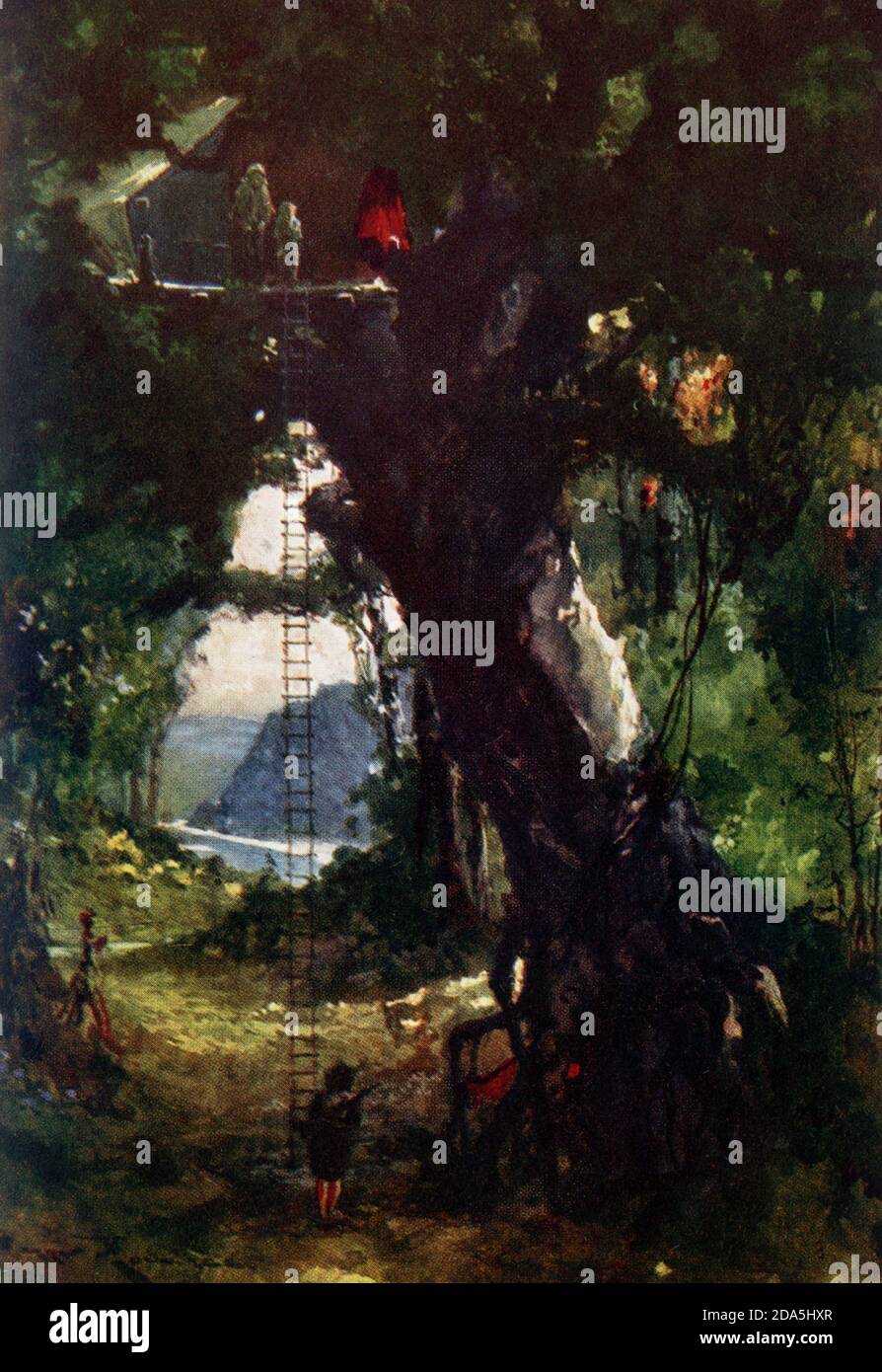 Famiglia svizzera Robinson. La didascalia di questo illustre recita: "Tutti erano desiderosi di salire alla nuova capanna". La famiglia svizzera Robinson (in tedesco der Schweizerische Robinson) è un romanzo di Johann David Wyss, pubblicato per la prima volta nel 1812, su una famiglia svizzera di immigrati la cui nave in rotta per Port Jackson, Australia, va via e naufragata nelle Indie Orientali Foto Stock