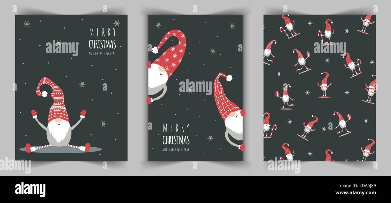 Carte di Natale con carino gnomo nordico in cappello rosso. buon natale e Felice Anno Nuovo. Illustrazione Vettoriale