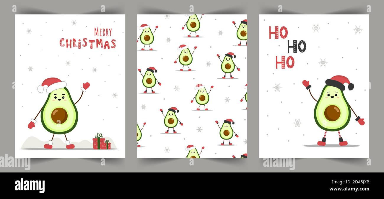 Carino carte di natale con avocado in cappello di santa. Auguri di stagione. Illustrazione Vettoriale