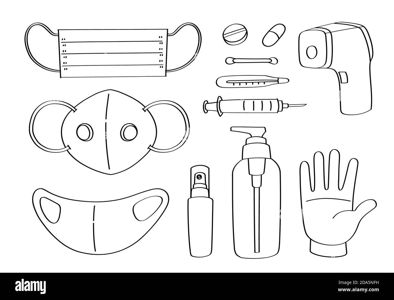 Carino Doodle oggetti medici cartoon icone e oggetti. Covid-19, protezione da Coronavirus. Foto Stock