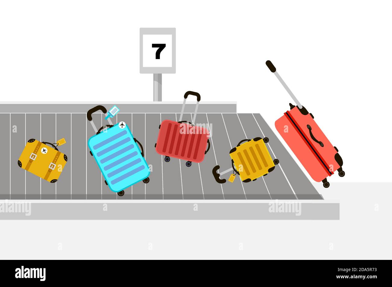 Valigie sul nastro trasportatore bagagli dell'aeroporto. Borsa da viaggio. Ora legale. Vacanze. Viaggio di vacanza. Viaggio di riposo. Fascetta per bagagli in aeroporto. Illustrazione Vettoriale