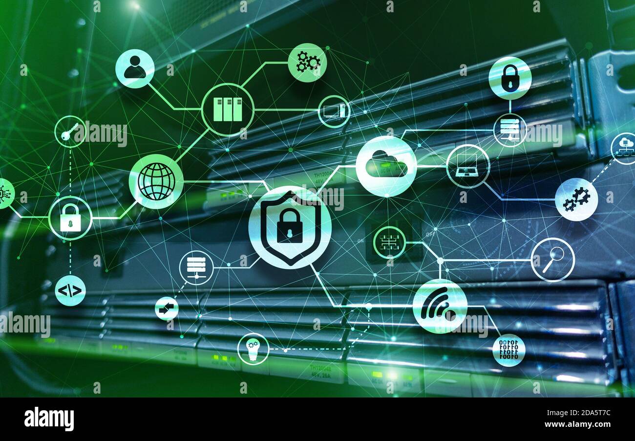 Concetto di sicurezza dei dati. Icone: Lucchetto chiuso, WiFi e cloud su sfondo digitale. Foto Stock