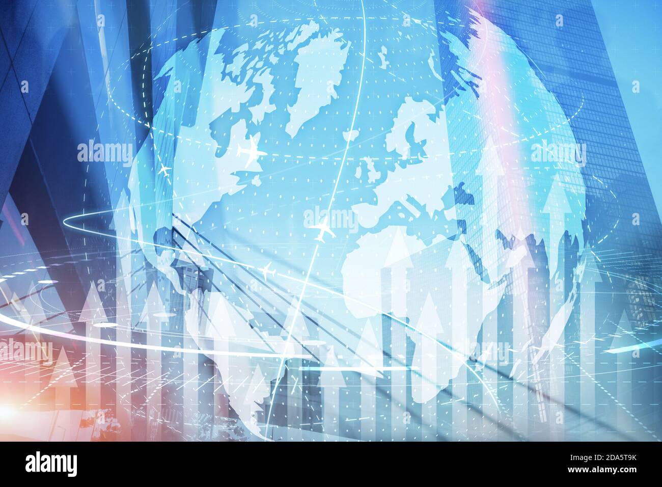 Interfaccia virtuale mappa di connessione dei voli rotte rete di aeroplani uso per la rete di viaggi globale. Foto Stock