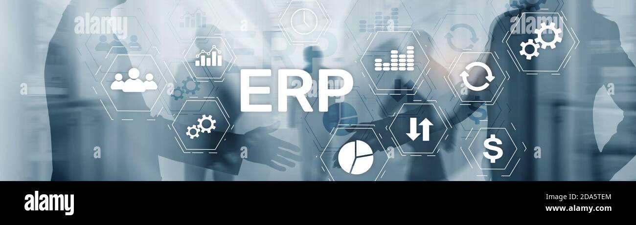 Concetto di sistema ERP online su base astratta di media misti aziendali. Foto Stock