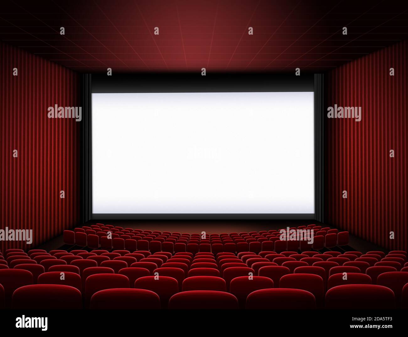 sala cinema con grande schermo e sedili rossi illustrazione 3d Foto Stock