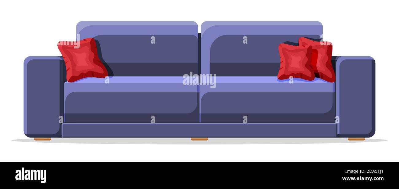Divano blu con cuscino rosso isolato su bianco. Mobili soggiorno. Elementi interni moderni e decorati. Oggetti interni per rilassarsi e lavorare. Illustrazione vettoriale piatta cartoon in stile piatto Illustrazione Vettoriale